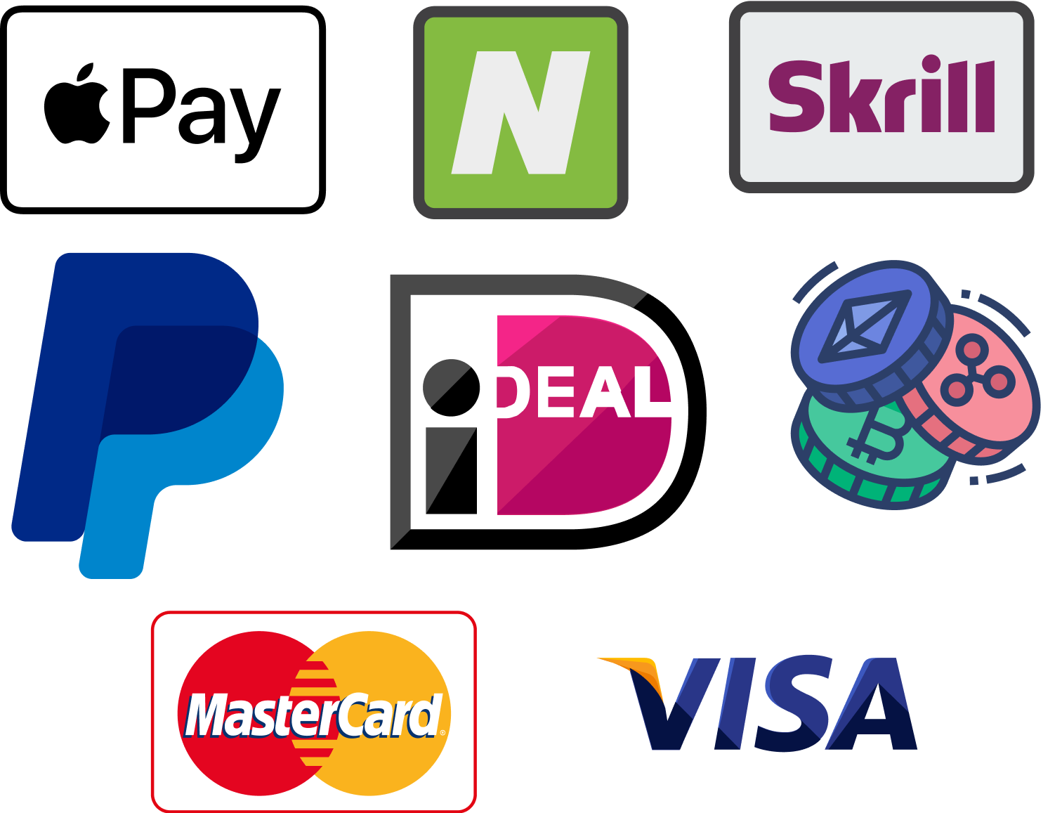 Afbeelding met logo's van bekende betaalmethoden als Apple Pay, Neteller, Skrill, iDEAL, PayPal, crypto, Mastercard en Visa