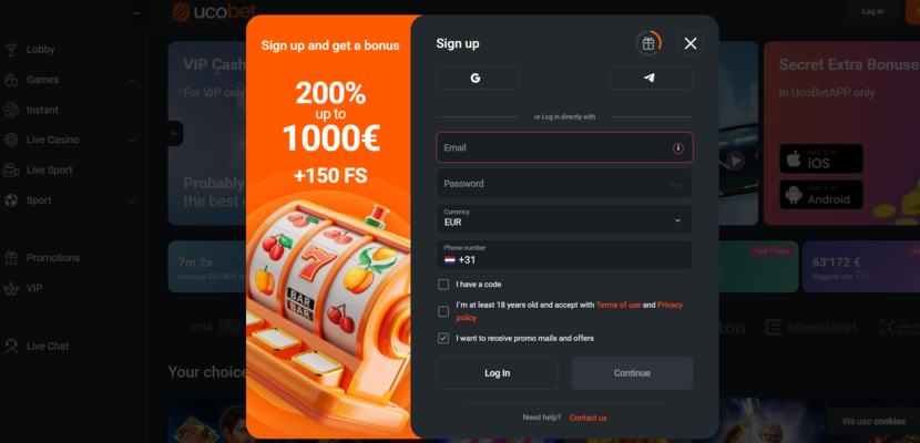 Screenshot van registratieproces van Ucobet, stap 1: e-mail, wachtwoord, valuta en telefoonnummer invullen