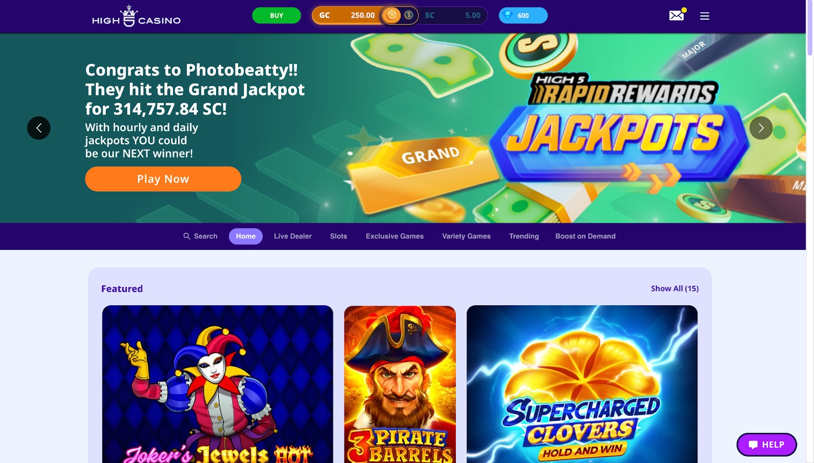 High 4 casino lobby with welcome bonus credited